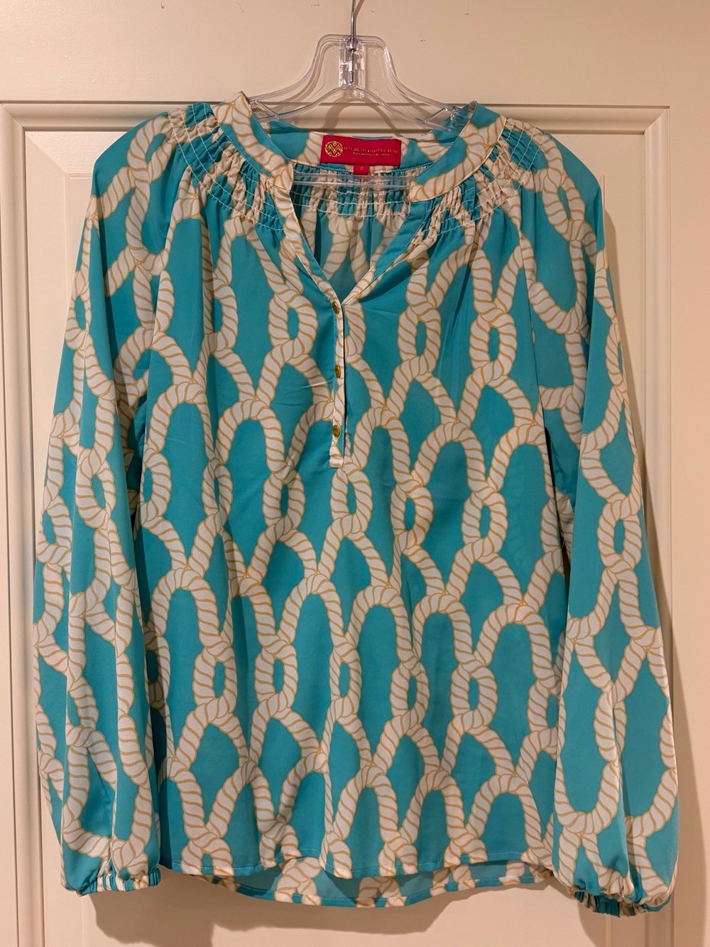 Macbeth Collection Turquoise Rope Print Blouse Size Small